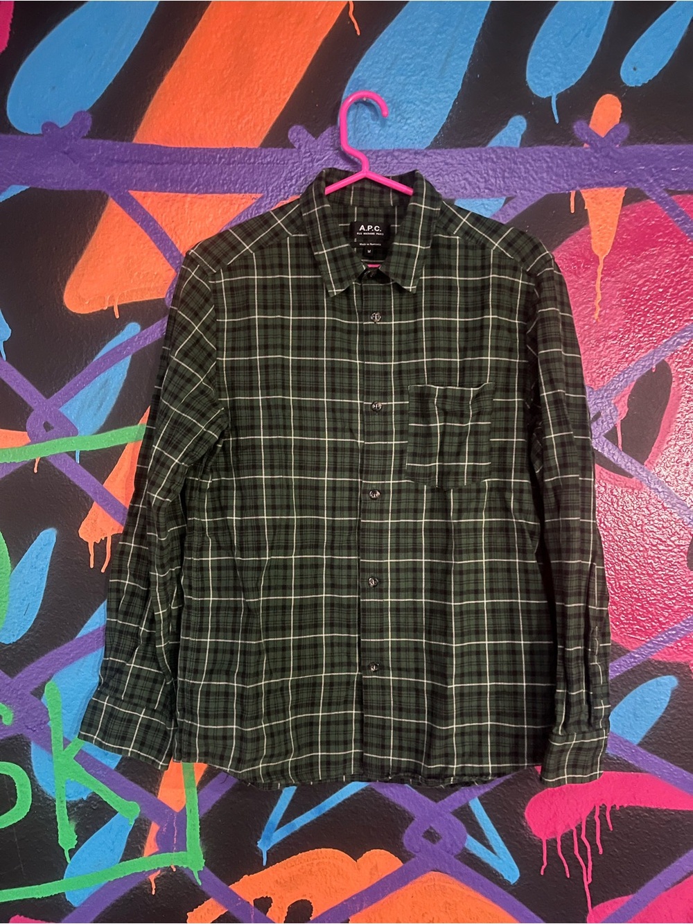 A.P.C. Rue Madame Paris green and white plaid shirt